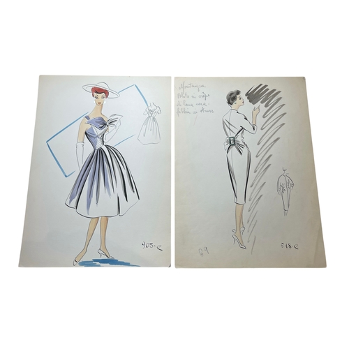 21 - A collection of eight c1950s French original fashion illustrations, attributed to French fashion hou... 