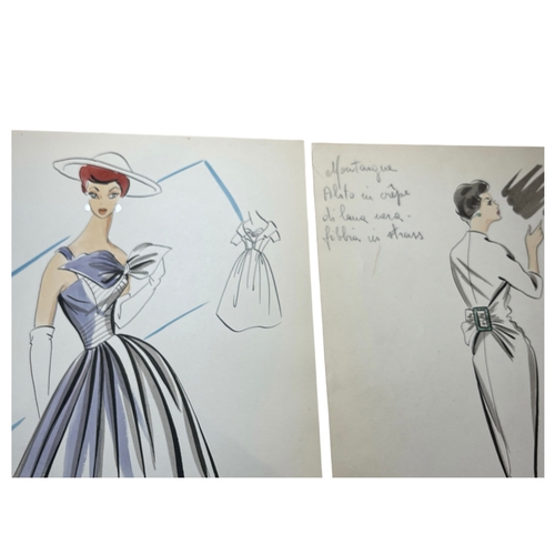 21 - A collection of eight c1950s French original fashion illustrations, attributed to French fashion hou... 