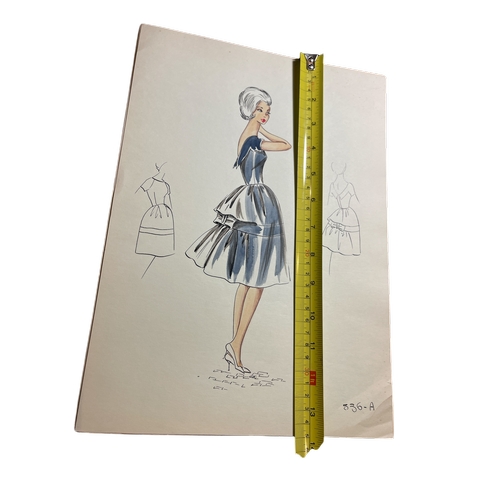 21 - A collection of eight c1950s French original fashion illustrations, attributed to French fashion hou... 