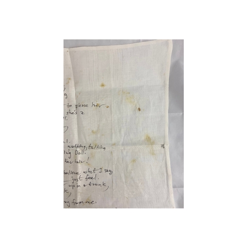 102 - A Lionel Bart napkin with handwritten lyrics to Cliff Richard's 'Living Doll', presented to artist B... 