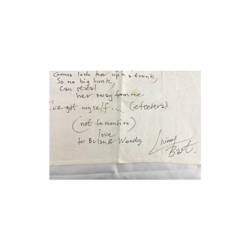 102 - A Lionel Bart napkin with handwritten lyrics to Cliff Richard's 'Living Doll', presented to artist B... 