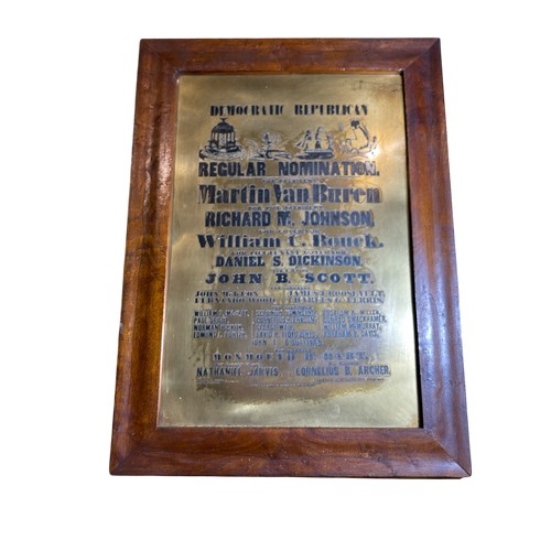 95 - An original circa 1835 8th U.S. President Martin Van Buren brass plaque political nomination framed ... 