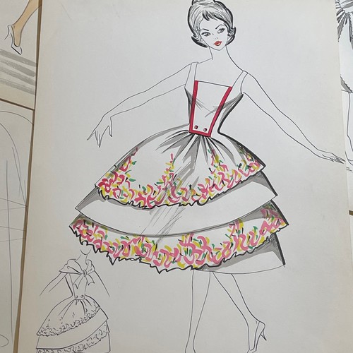 98 - A collection of eight c1950s French original fashion illustrations, attributed to French fashion hou... 