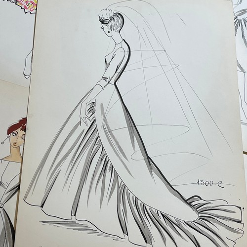 98 - A collection of eight c1950s French original fashion illustrations, attributed to French fashion hou... 