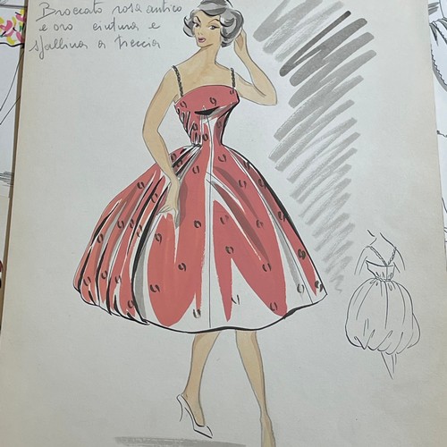 98 - A collection of eight c1950s French original fashion illustrations, attributed to French fashion hou... 