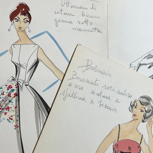 98 - A collection of eight c1950s French original fashion illustrations, attributed to French fashion hou... 