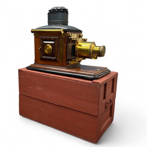 245 - A late 19th century mahogany and brass Ross Magic Lantern, the mahogany base with inset 'ROSS LONDON... 