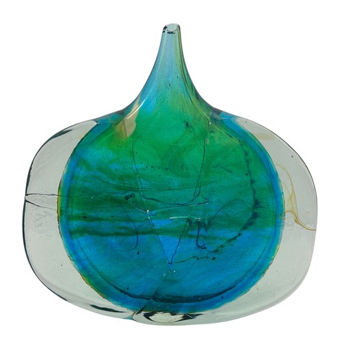 A Michael Harris for Mdina Glass large Fish vase, in primarily green and blue tones with swirls and whisps of silver chloride and a blue inner casing, designed, made and signed by Michael Harris c1970, signed on the base by Michael Harris 'Michael Harris Mdina Glass Malta', 24cm h x 24.5cm w.