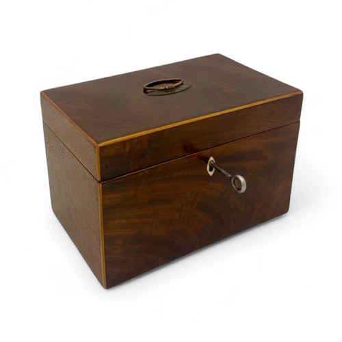 219 - A mid-19th century mahogany tea caddy with boxwood stringing. Working lock and key (key is a replace... 