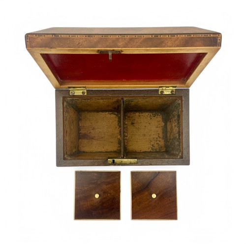 218 - A late Regency cross banded sarcophogus shaped tea caddy. Each of the panels is edged with four colo... 