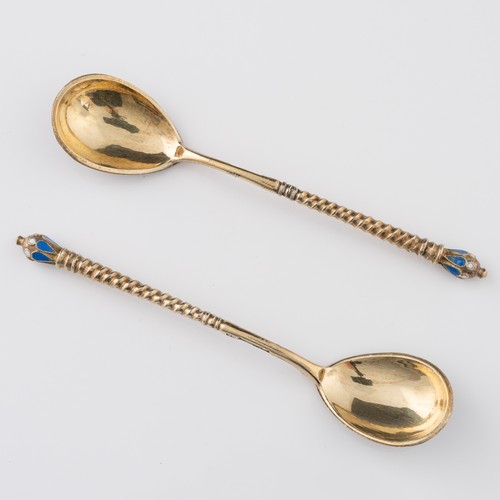 124 - A set of six Russian cloisonné enamelled white metal spoons, marked 'GK' for Gustav Klingert, 'A.A' ... 