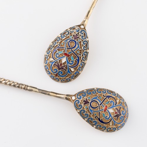 124 - A set of six Russian cloisonné enamelled white metal spoons, marked 'GK' for Gustav Klingert, 'A.A' ... 