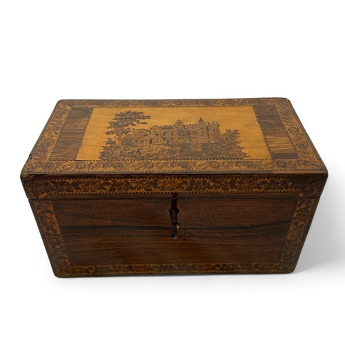 213 - A Tunbridge Ware red cedar lined cigar box, the front has a formal border possibly by Henry Hollambu... 