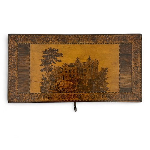 213 - A Tunbridge Ware red cedar lined cigar box, the front has a formal border possibly by Henry Hollambu... 