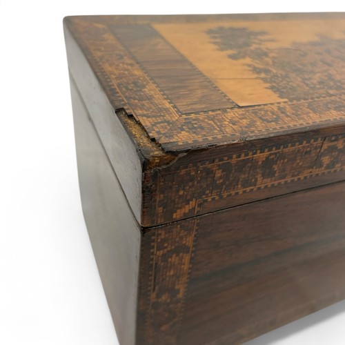 213 - A Tunbridge Ware red cedar lined cigar box, the front has a formal border possibly by Henry Hollambu... 