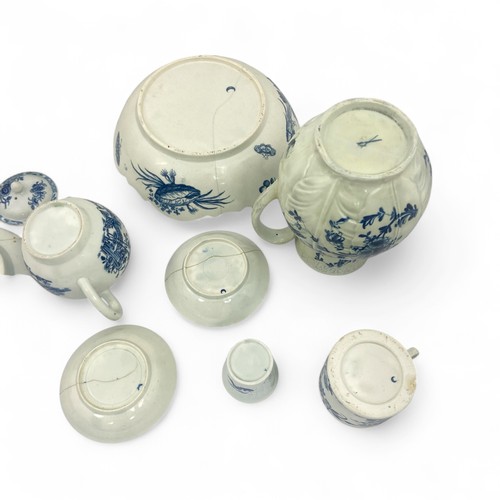 14 - A collection of first period Worcester Blue and White Porcelain, the group includes a plate with 'Hu... 