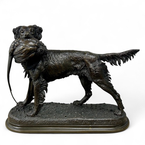 172 - Jules Moigniez (1835-94), a large patinated cast bronze sculpture of a dog holding a pheasant in its... 