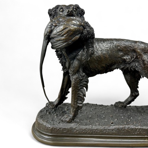 172 - Jules Moigniez (1835-94), a large patinated cast bronze sculpture of a dog holding a pheasant in its... 