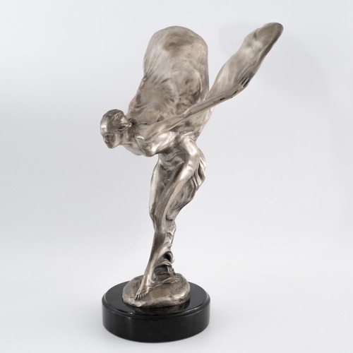 A rare, large and good postwar Rolls-Royce 'Spirit of Ecstasy' showroom display mascot, after Charles Sykes, probably dating from the 1950s or shortly after, with good original nickel (?) plating and patina, the mounded base moulded 'Charles Sykes', mounted on a black marble socle base, 56.3cm high including base, 34cm wingspan.