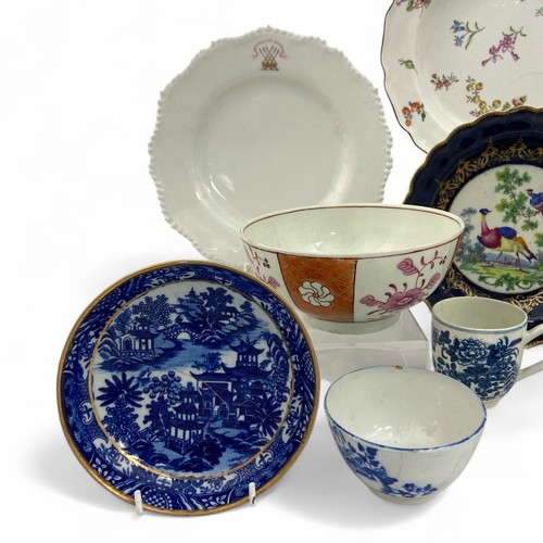 19 - An eclectic group of porcelain, the group includes a red anchor Chelsea plate, a Flight and Barr pla... 