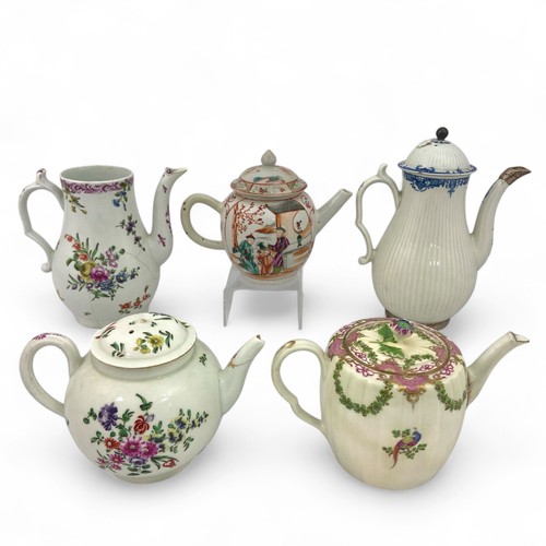 12 - Three eighteenth century Worcester Porcelain teapots and two coffee pots, the group includes a 'Chin... 