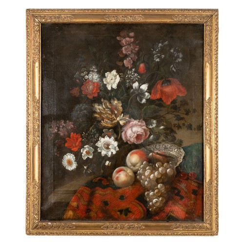 182 - An early-mid 18thC English oil on canvas still life of a vase of flowers on a table, apparently unsi... 