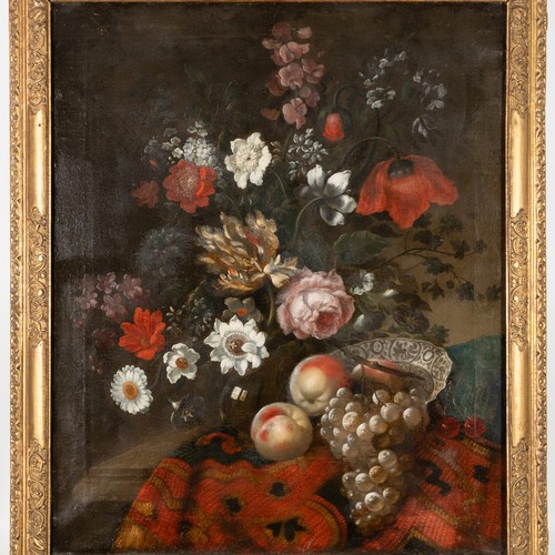 182 - An early-mid 18thC English oil on canvas still life of a vase of flowers on a table, apparently unsi... 