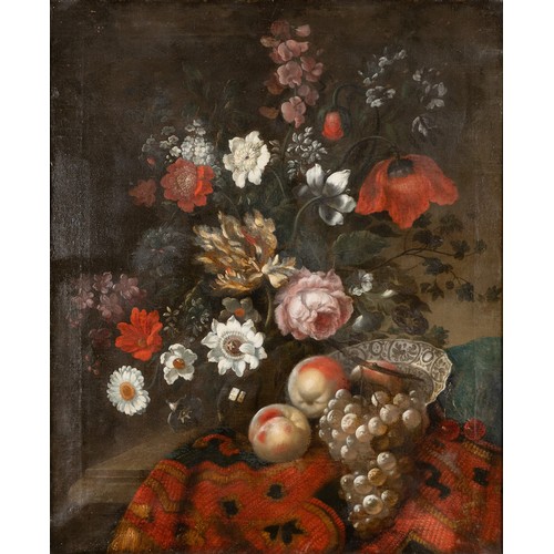 182 - An early-mid 18thC English oil on canvas still life of a vase of flowers on a table, apparently unsi... 