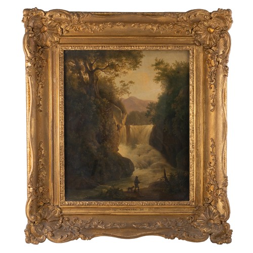 183 - Attributed to Patrick Nasmyth (Scottish 1787-1831), an oil on canvas of a waterfall in a wooded land... 