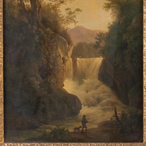 183 - Attributed to Patrick Nasmyth (Scottish 1787-1831), an oil on canvas of a waterfall in a wooded land... 