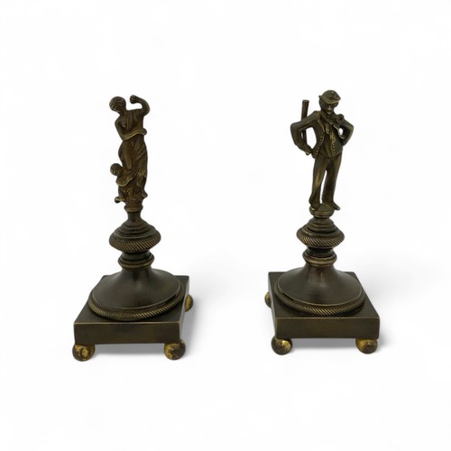 174 - Two unusual late 19thC or early 20thC small bronze or brass desk sculptures on matching bronze plint... 