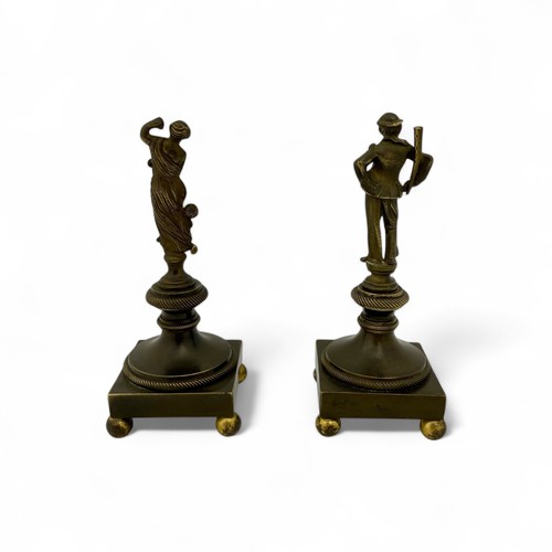 174 - Two unusual late 19thC or early 20thC small bronze or brass desk sculptures on matching bronze plint... 