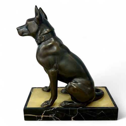 176 - A 1920s-30s French Art Deco patinated spelter sculpture of a dog, resembling bronze, on a yellowy-wh... 