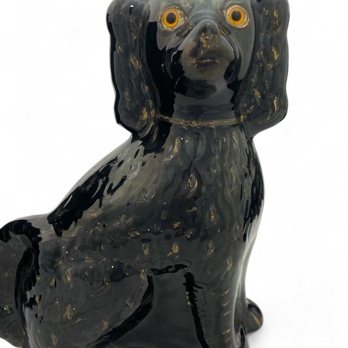 22 - A pair of late 19thC Staffordshire large spaniels, finished in black, with remains of gilt decoratio... 