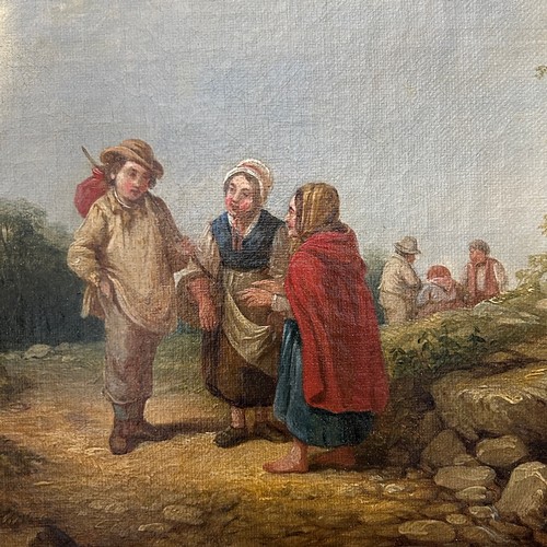 185 - A mid-19thC oil on canvas tondo of a pastoral scene of a journeyman with pack and stick talking with... 