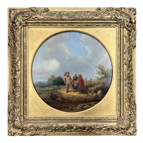 185 - A mid-19thC oil on canvas tondo of a pastoral scene of a journeyman with pack and stick talking with... 