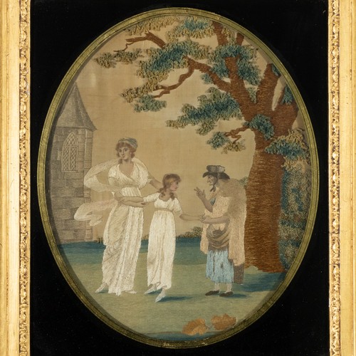 211 - An early 19thC embroidered silkwork picture of the three ages of woman, depicting a young girl, a mi... 