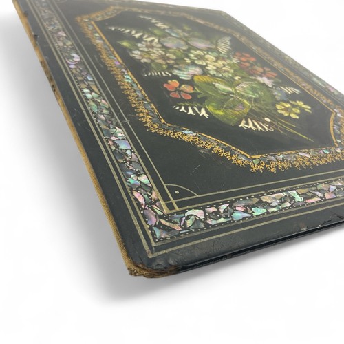 250 - A Victorian wooden folio case, finished in black to resemble lacquer, the front cover with a painted... 