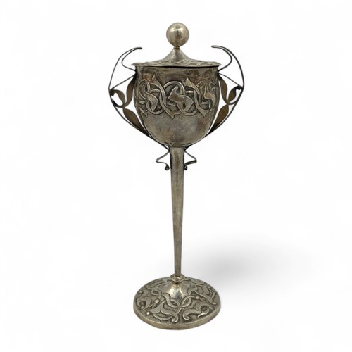 126 - A unique late 19thC or early 20thC Arts & Crafts white metal lidded goblet, the body, lid and fo... 