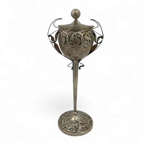 126 - A unique late 19thC or early 20thC Arts & Crafts white metal lidded goblet, the body, lid and fo... 