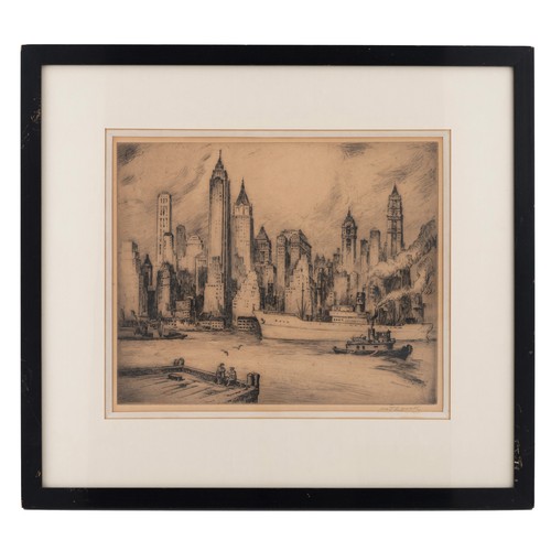 206 - Nat Lowell (Latvian/American 1880-1956), two late 1940s drypoint etchings of Manhattan, New York com... 