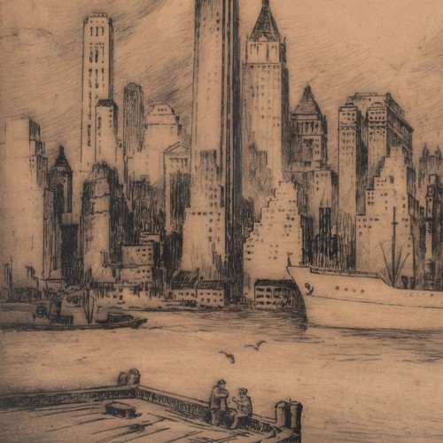 206 - Nat Lowell (Latvian/American 1880-1956), two late 1940s drypoint etchings of Manhattan, New York com... 