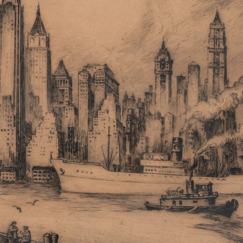 206 - Nat Lowell (Latvian/American 1880-1956), two late 1940s drypoint etchings of Manhattan, New York com... 