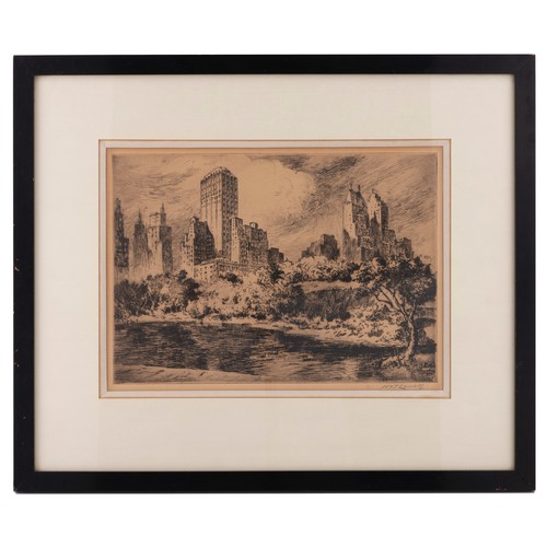 206 - Nat Lowell (Latvian/American 1880-1956), two late 1940s drypoint etchings of Manhattan, New York com... 