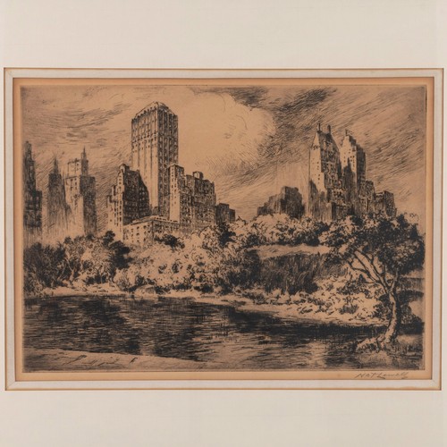 206 - Nat Lowell (Latvian/American 1880-1956), two late 1940s drypoint etchings of Manhattan, New York com... 