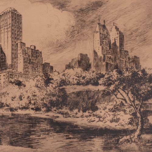 206 - Nat Lowell (Latvian/American 1880-1956), two late 1940s drypoint etchings of Manhattan, New York com... 