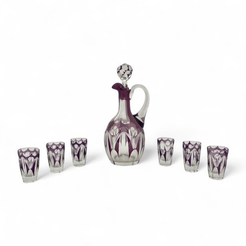 108 - A 1930s Belgian Val St Lambert liqueur stoppered jug and set of six shot glasses set, the bodies fla... 