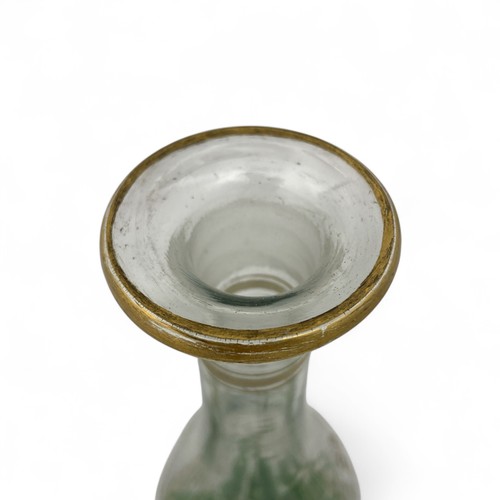 105 - An early 20thC French enamelled glass stoppered decanter and four wine goblets, attributed to Delvau... 