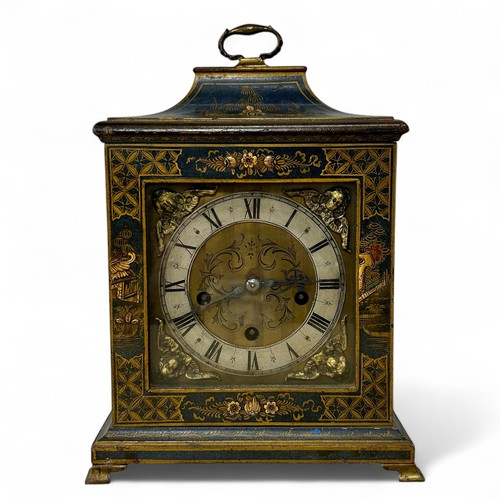 170 - An early 20thC German Chinoiserie painted wood cased mantel or bracket clock, the case painted in la... 