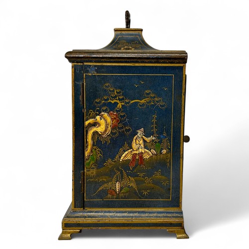 170 - An early 20thC German Chinoiserie painted wood cased mantel or bracket clock, the case painted in la... 